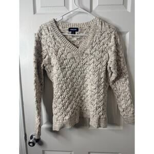 L.L. Bean Cable Knit V-Neck Drifter Sweater Oatmeal, Cream Sz: Large